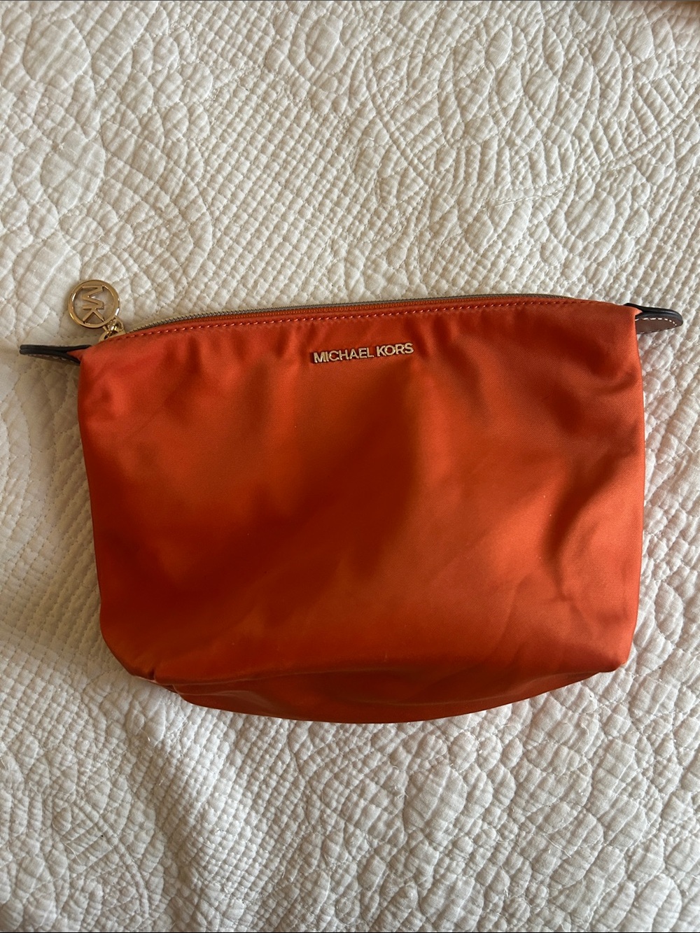 Michael Kors Orange Nylon Zip Cosmetic Pouch with Gold Logo
